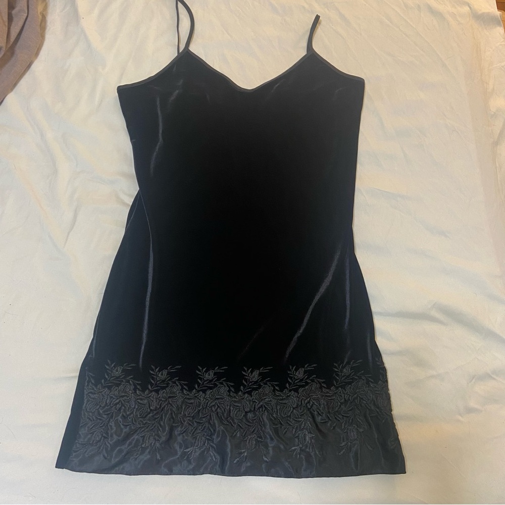 Vintage Black Velvet Mini Dress with Lace Trim